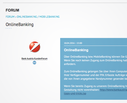 Screenshot Online Banking mit Link zum Kundenforum